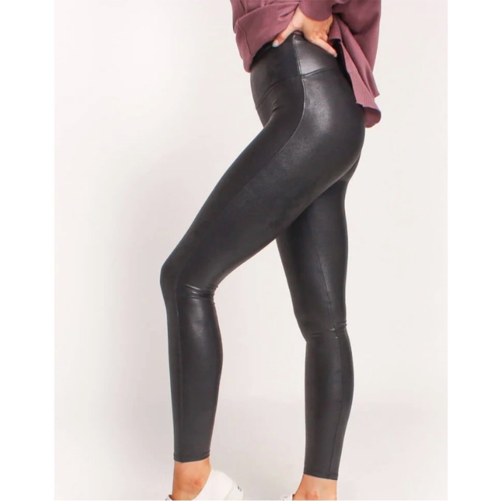 Spanx Faux Leather Coated Leggings High Waisted Large Black